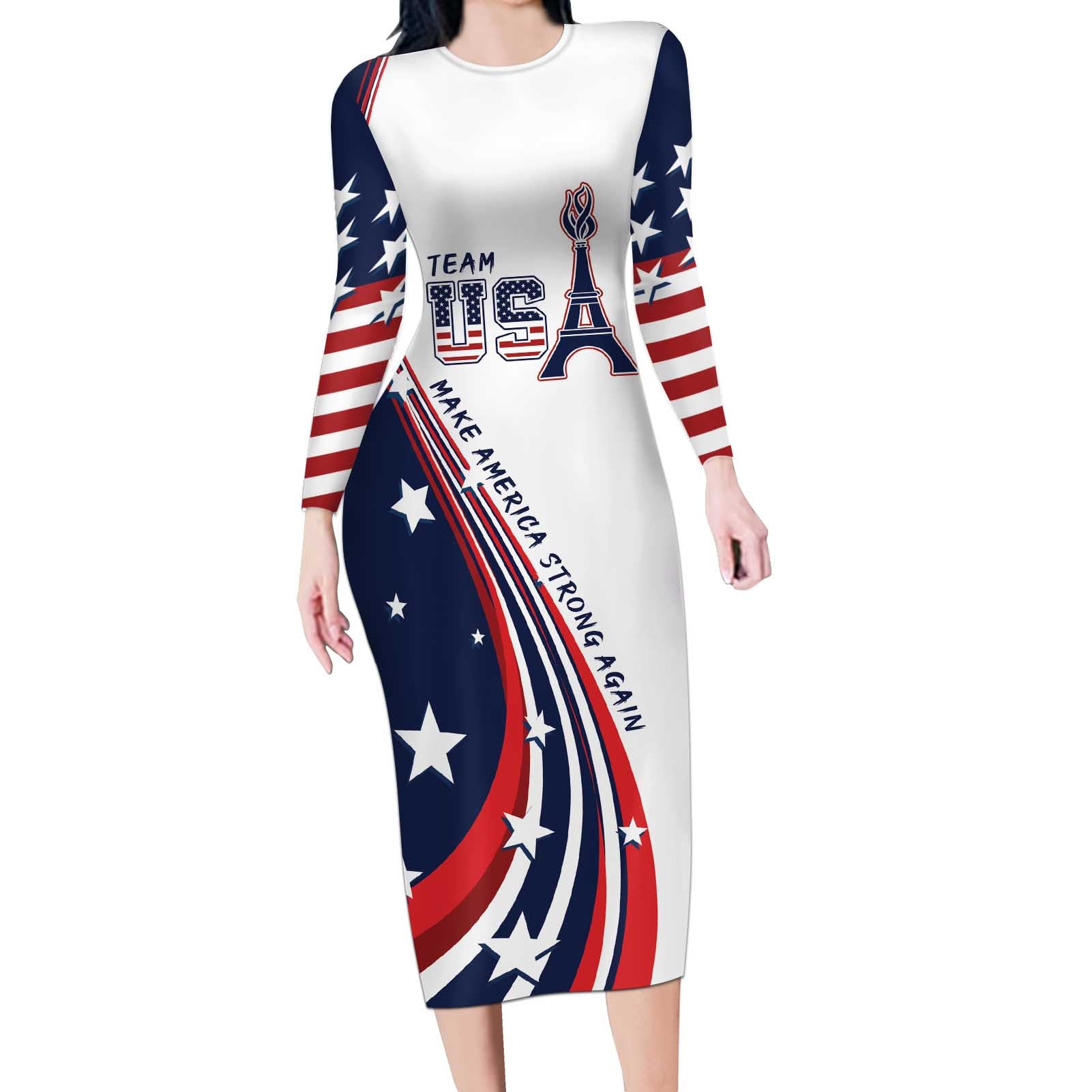 Personalized USA Make America Strong Again Long Sleeve Bodycon Dress Go Paris 2024 - Wonder Print Shop