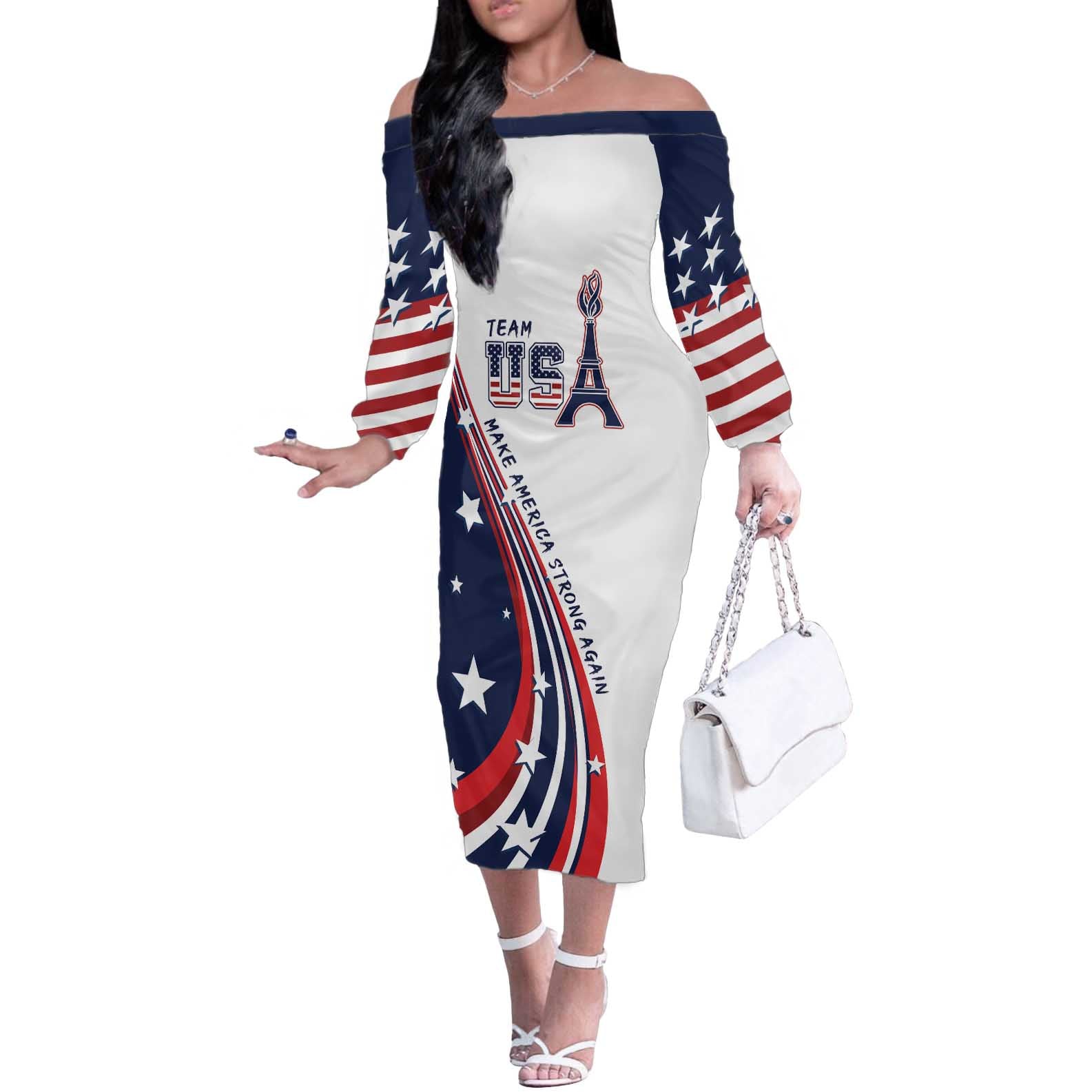 Personalized USA Make America Strong Again Off The Shoulder Long Sleeve Dress Go Paris 2024 - Wonder Print Shop