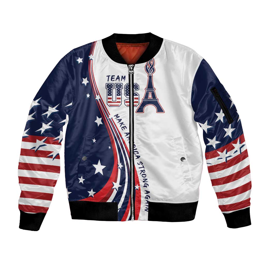 Personalized USA Make America Strong Again Sleeve Zip Bomber Jacket Go Paris 2024 - Wonder Print Shop
