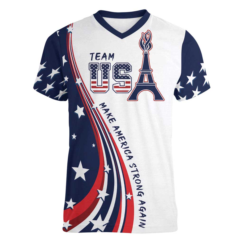 Personalized USA Make America Strong Again Women V-Neck T-Shirt Go Paris 2024 - Wonder Print Shop
