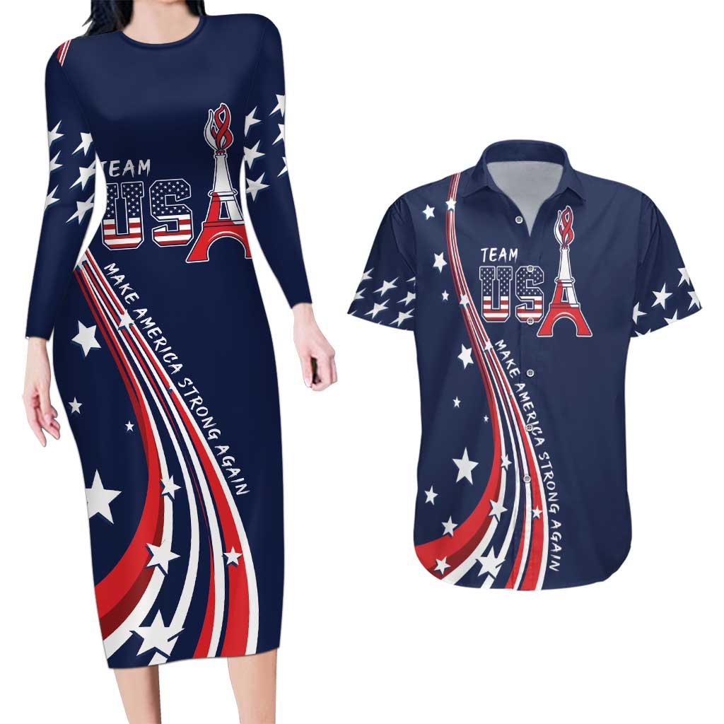 Personalized USA One For All Couples Matching Long Sleeve Bodycon Dress and Hawaiian Shirt Go Paris 2024 LT9 - Wonder Print Shop