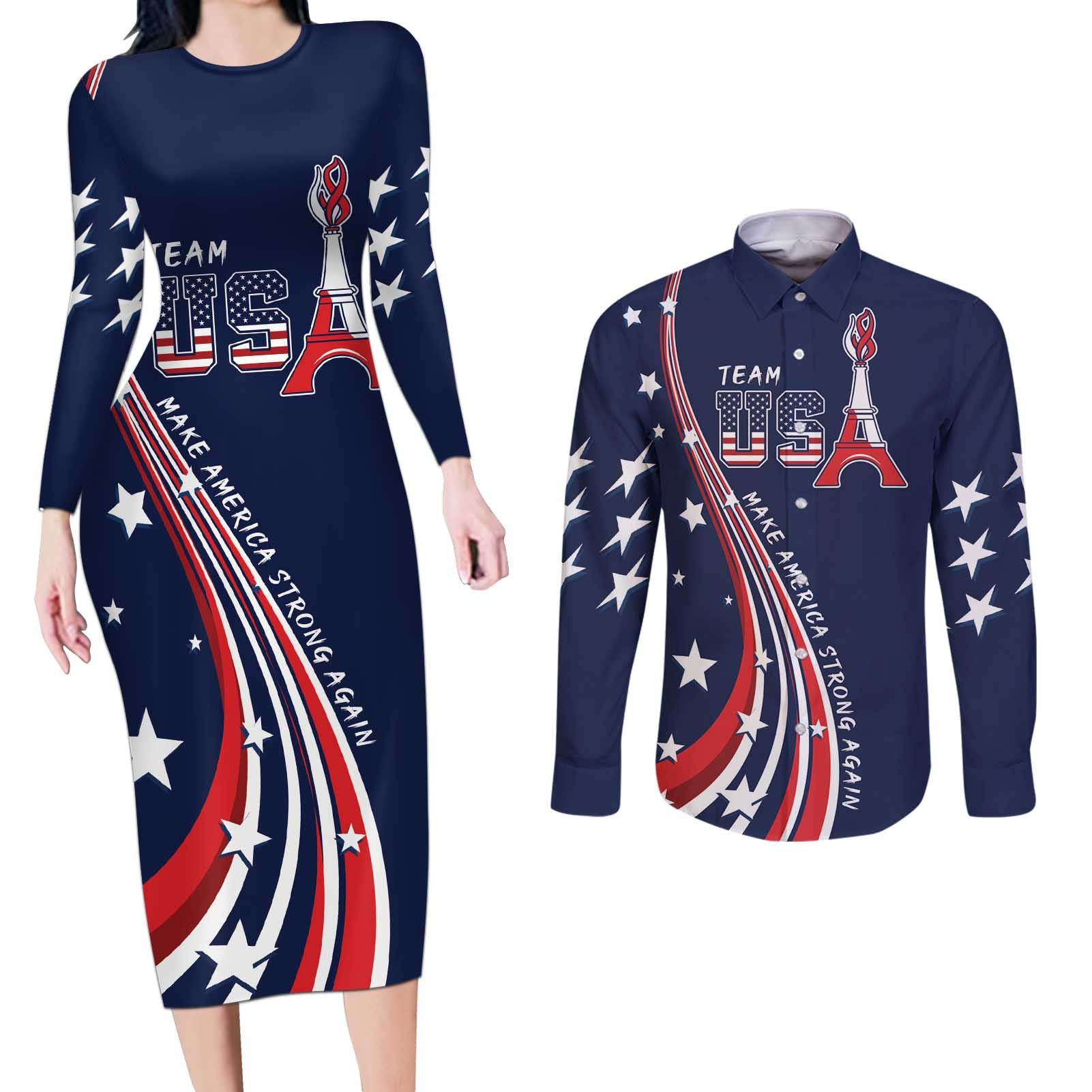 Personalized USA One For All Couples Matching Long Sleeve Bodycon Dress and Long Sleeve Button Shirt Go Paris 2024 LT9 - Wonder Print Shop
