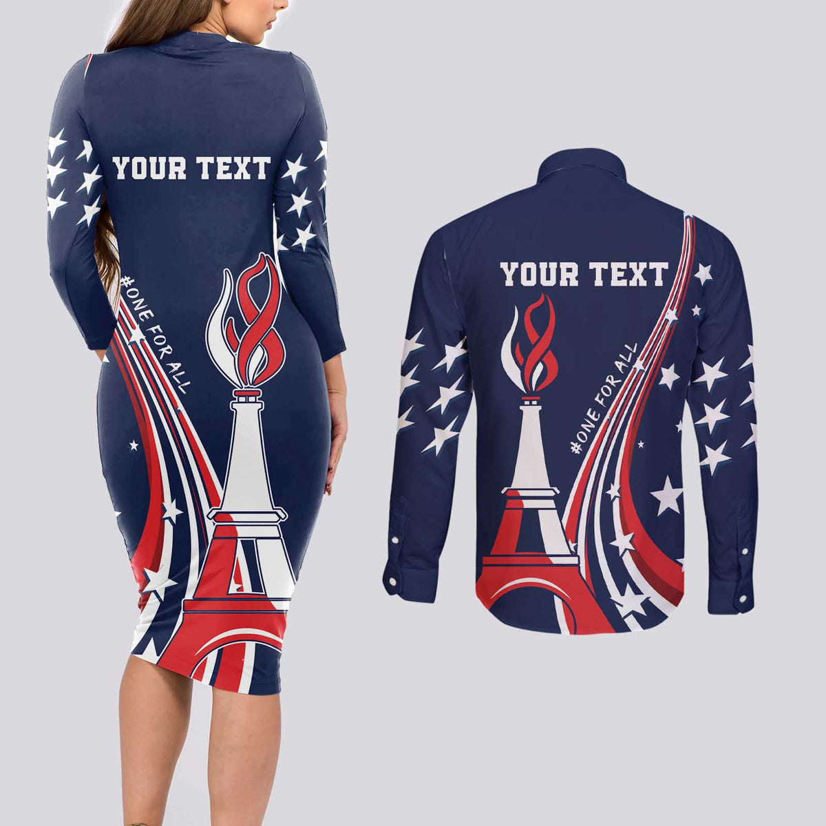 Personalized USA One For All Couples Matching Long Sleeve Bodycon Dress and Long Sleeve Button Shirt Go Paris 2024 LT9 - Wonder Print Shop