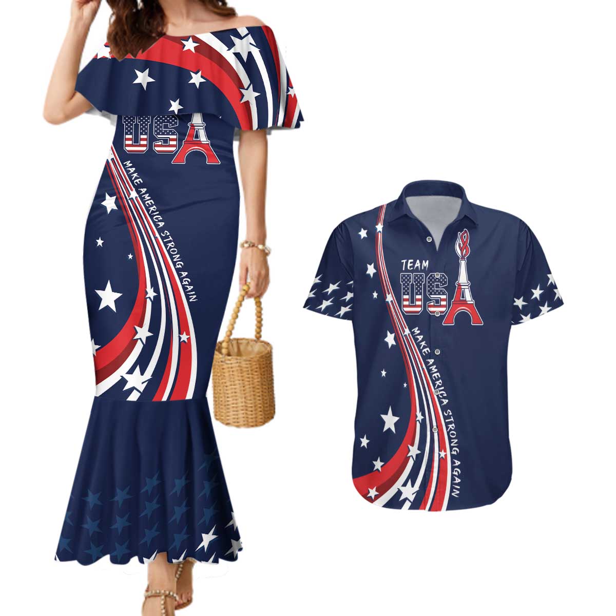Personalized USA One For All Couples Matching Mermaid Dress and Hawaiian Shirt Go Paris 2024 LT9 - Wonder Print Shop