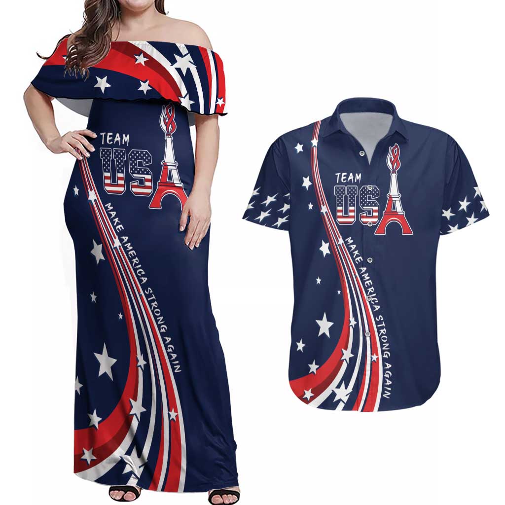 Personalized USA One For All Couples Matching Off Shoulder Maxi Dress and Hawaiian Shirt Go Paris 2024 LT9 - Wonder Print Shop