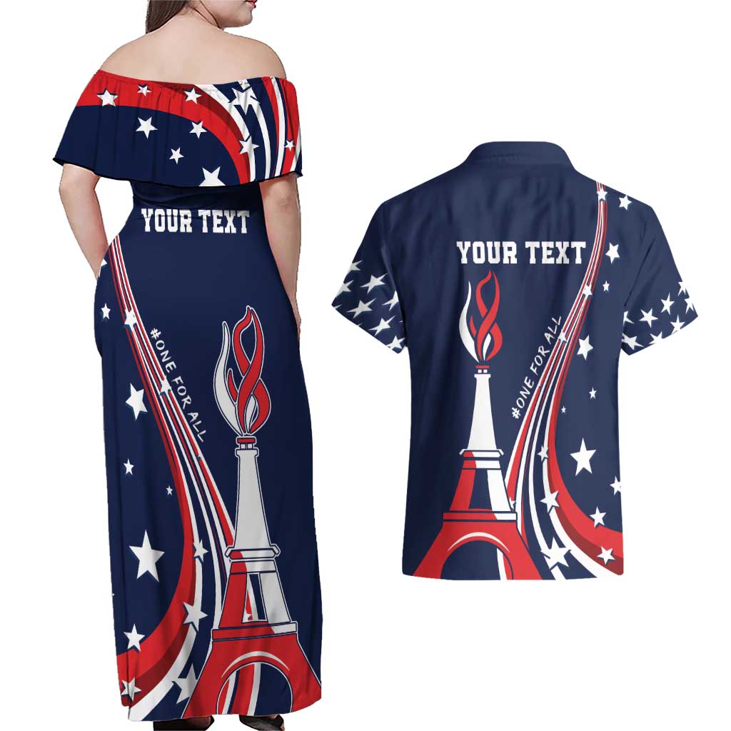 Personalized USA One For All Couples Matching Off Shoulder Maxi Dress and Hawaiian Shirt Go Paris 2024 LT9 - Wonder Print Shop