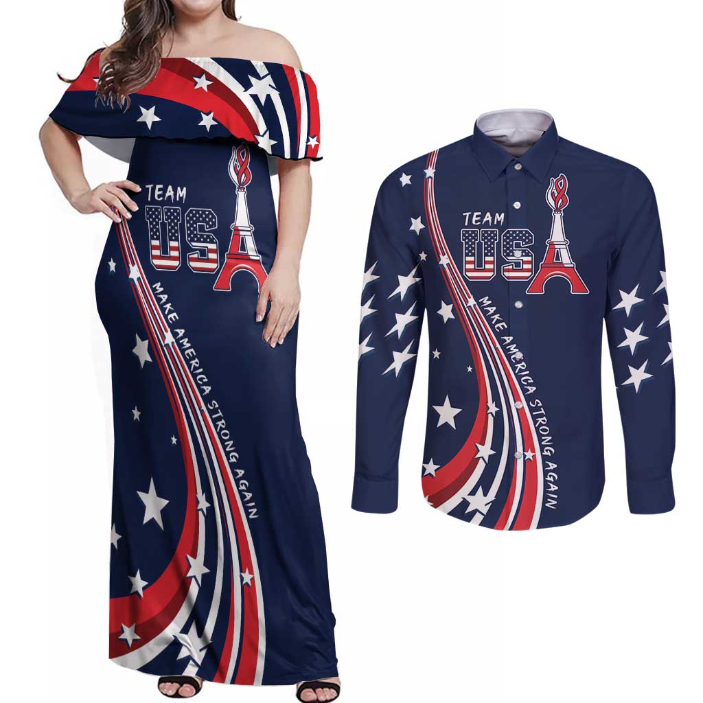 Personalized USA One For All Couples Matching Off Shoulder Maxi Dress and Long Sleeve Button Shirt Go Paris 2024 LT9 - Wonder Print Shop