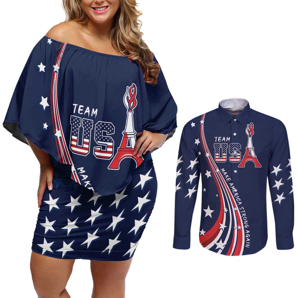 Personalized USA One For All Couples Matching Off Shoulder Short Dress and Long Sleeve Button Shirt Go Paris 2024 LT9 - Wonder Print Shop