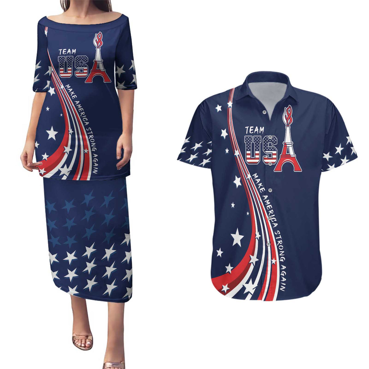 Personalized USA One For All Couples Matching Puletasi and Hawaiian Shirt Go Paris 2024 LT9 - Wonder Print Shop