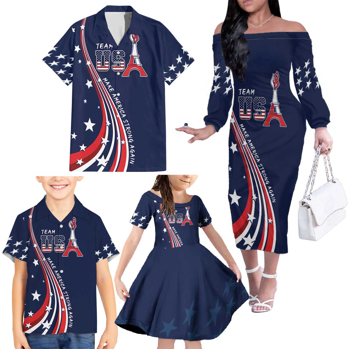 Personalized USA One For All Family Matching Off The Shoulder Long Sleeve Dress and Hawaiian Shirt Go Paris 2024 - Wonder Print Shop