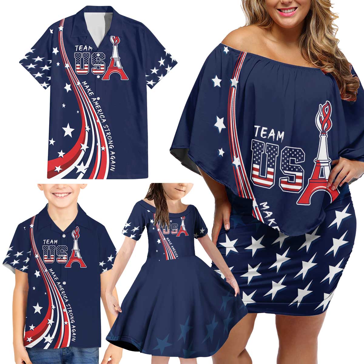 Personalized USA One For All Family Matching Off Shoulder Short Dress and Hawaiian Shirt Go Paris 2024 LT9 - Wonder Print Shop