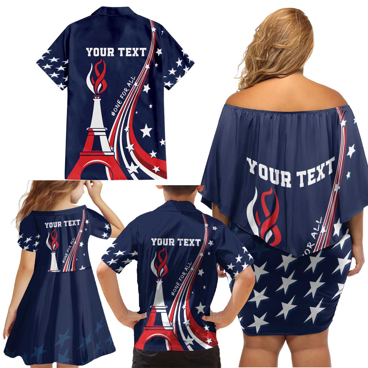 Personalized USA One For All Family Matching Off Shoulder Short Dress and Hawaiian Shirt Go Paris 2024 LT9 - Wonder Print Shop