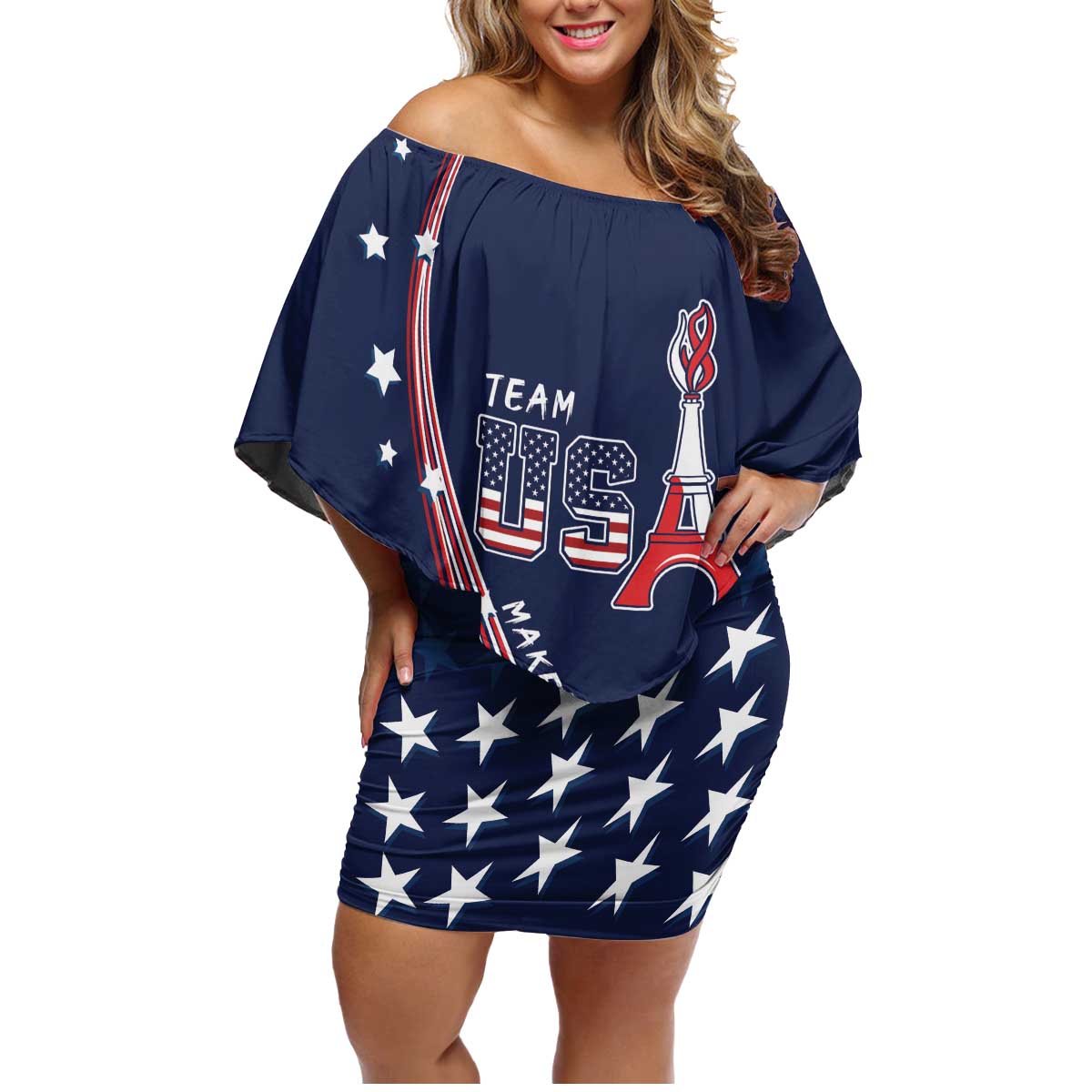 Personalized USA One For All Family Matching Off Shoulder Short Dress and Hawaiian Shirt Go Paris 2024 LT9 - Wonder Print Shop