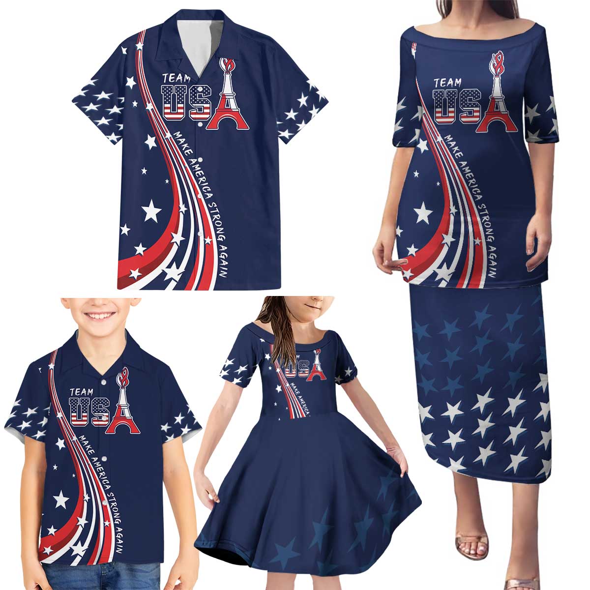 Personalized USA One For All Family Matching Puletasi and Hawaiian Shirt Go Paris 2024 - Wonder Print Shop