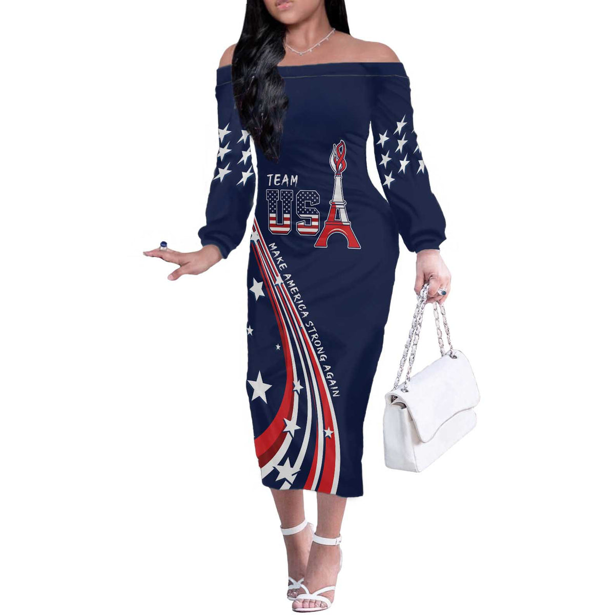 Personalized USA One For All Off The Shoulder Long Sleeve Dress Go Paris 2024 - Wonder Print Shop