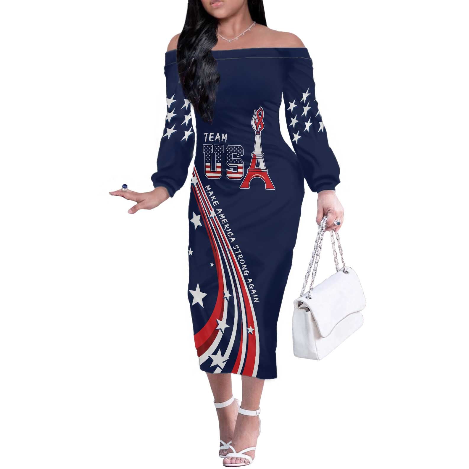 Personalized USA One For All Off The Shoulder Long Sleeve Dress Go Paris 2024 - Wonder Print Shop