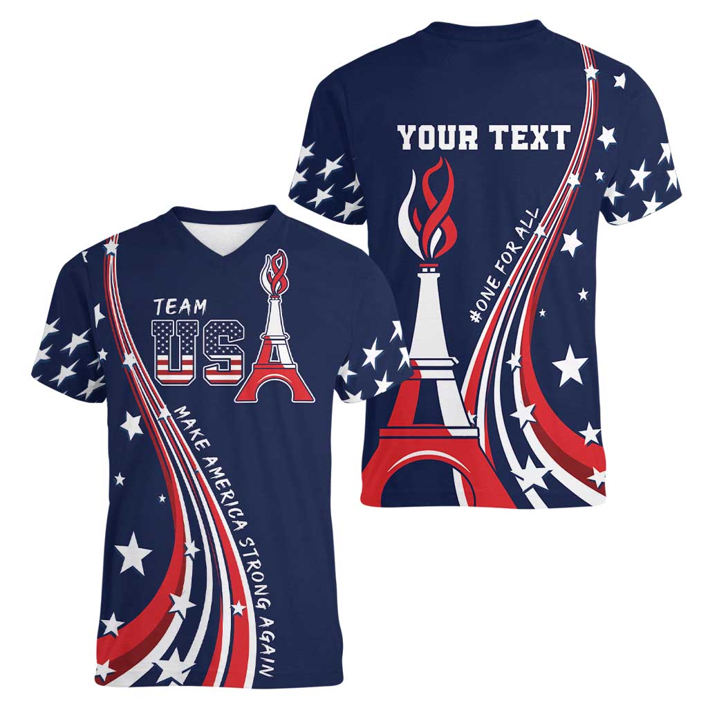 Personalized USA One For All Women V-Neck T-Shirt Go Paris 2024 - Wonder Print Shop