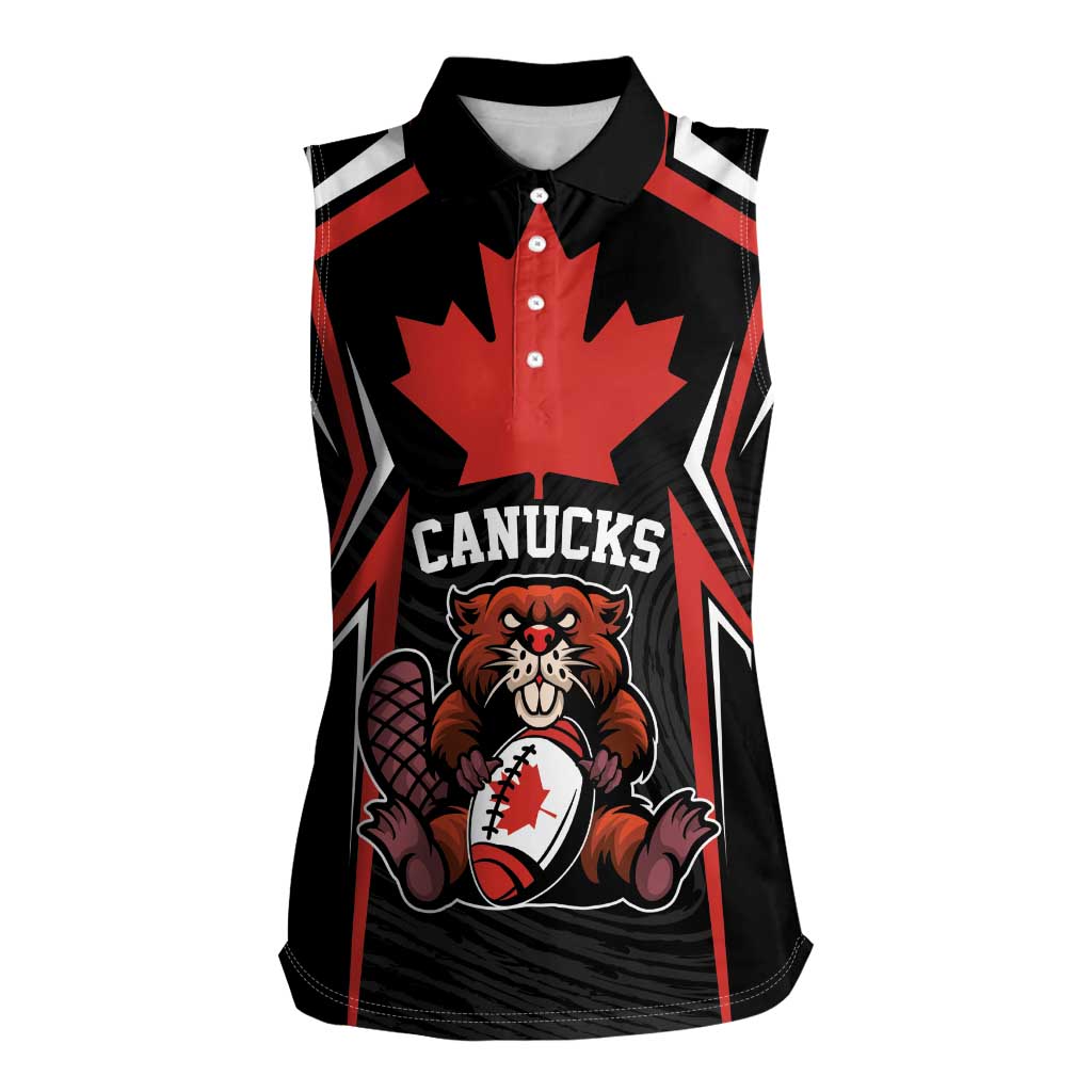 Custom Canada Rugby Pacific Women Sleeveless Polo Shirt Beaver and Maple Leaf - Wonder Print Shop