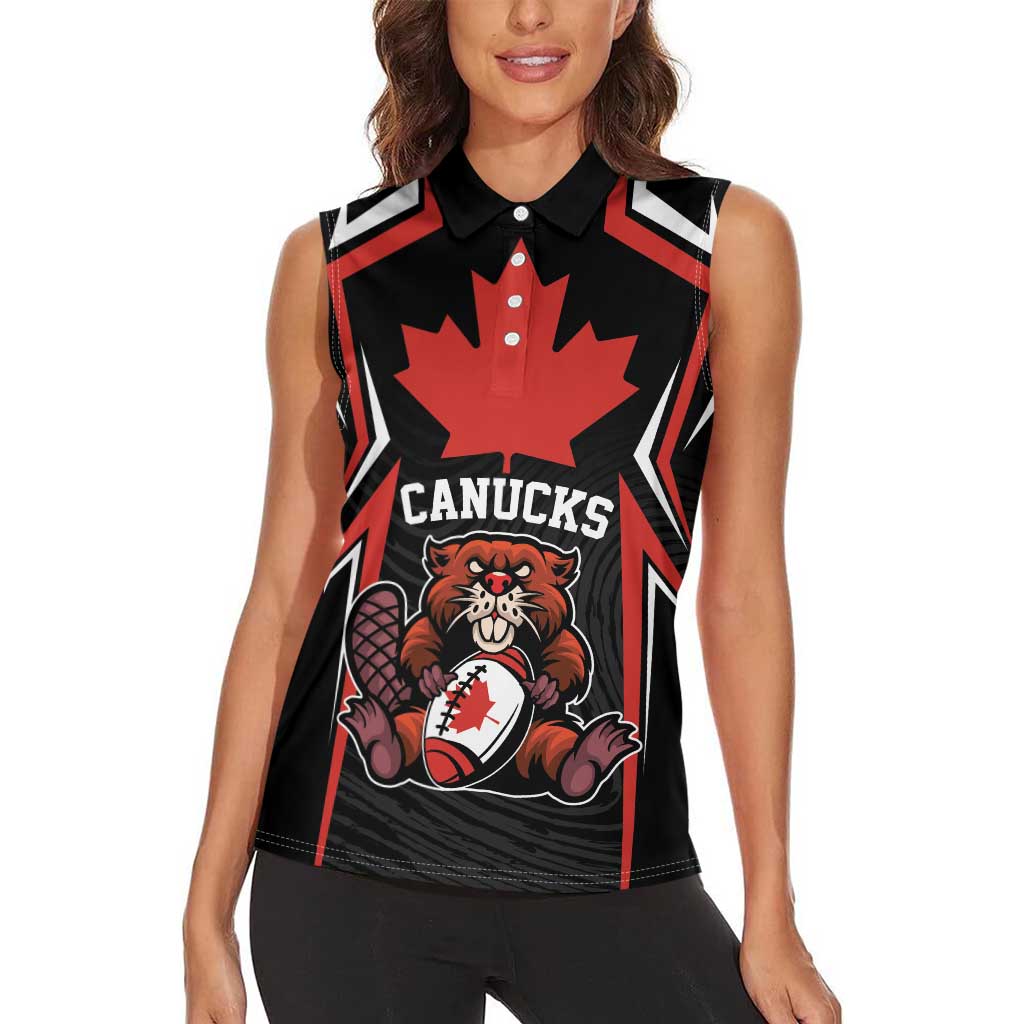 Custom Canada Rugby Pacific Women Sleeveless Polo Shirt Beaver and Maple Leaf - Wonder Print Shop