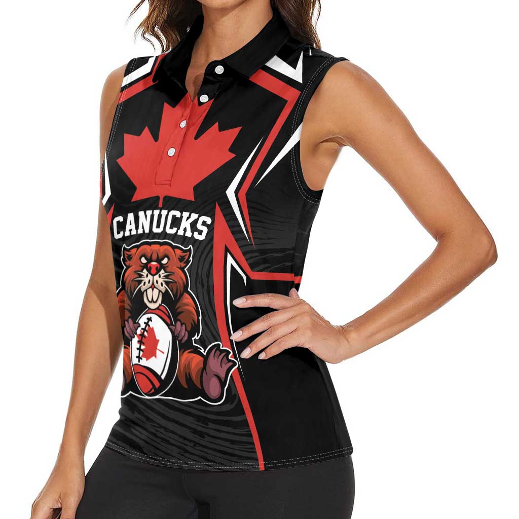 Custom Canada Rugby Pacific Women Sleeveless Polo Shirt Beaver and Maple Leaf - Wonder Print Shop