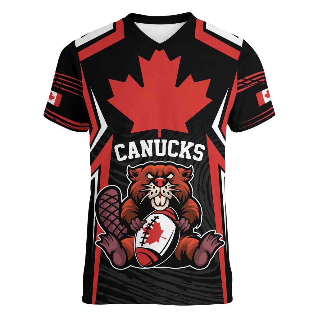 Custom Canada Rugby Pacific Women V-Neck T-Shirt Beaver and Maple Leaf - Wonder Print Shop
