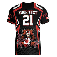 Custom Canada Rugby Pacific Women V-Neck T-Shirt Beaver and Maple Leaf - Wonder Print Shop