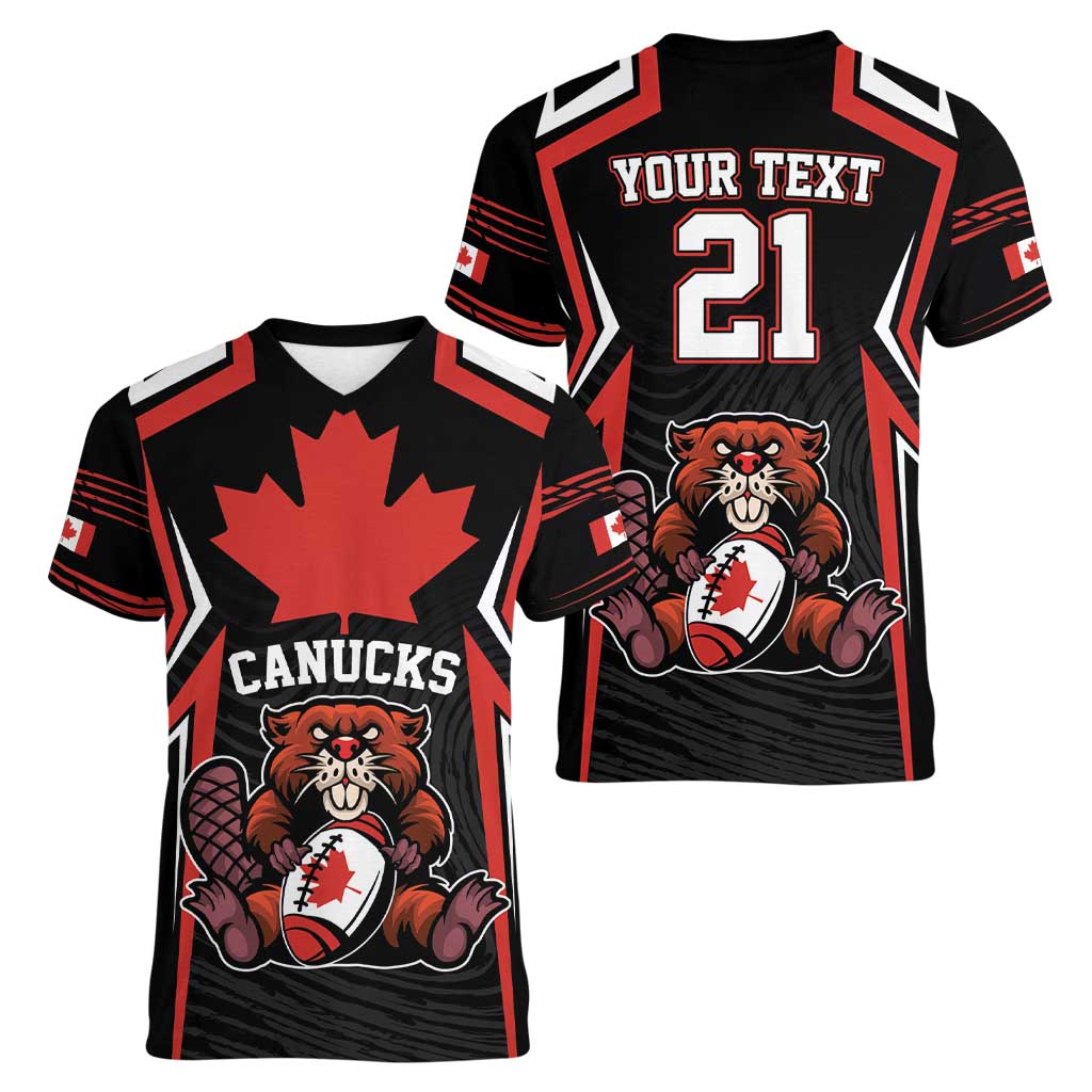 Custom Canada Rugby Pacific Women V-Neck T-Shirt Beaver and Maple Leaf - Wonder Print Shop