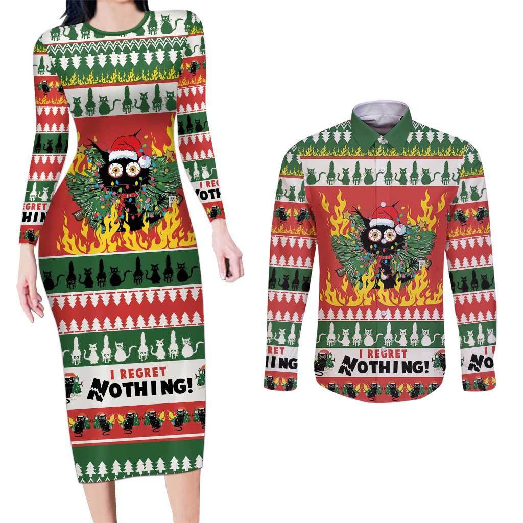 Merry Cat-Mas Couples Matching Long Sleeve Bodycon Dress and Long Sleeve Button Shirt Christmas It's Fine I'm Fine Everything is Fine LT9 - Wonder Print Shop