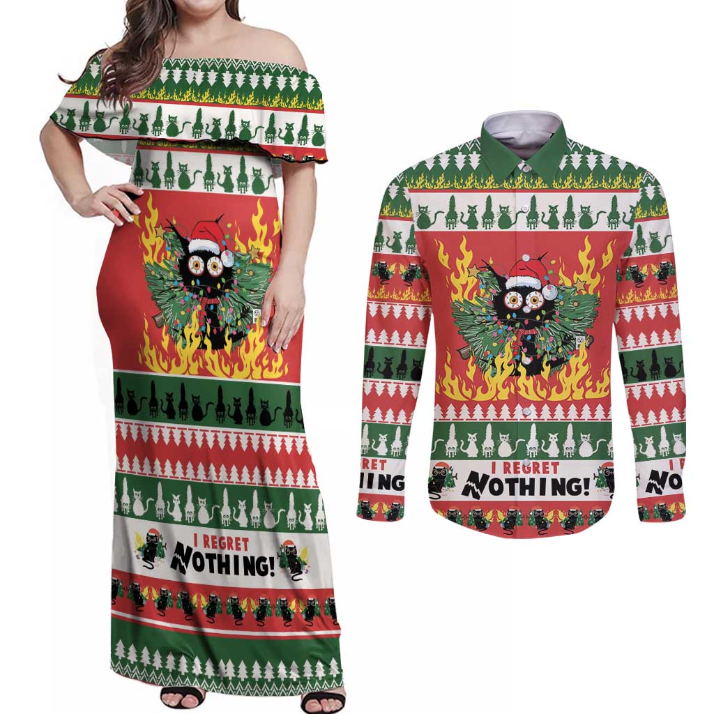 Merry Cat-Mas Couples Matching Off Shoulder Maxi Dress and Long Sleeve Button Shirt Christmas It's Fine I'm Fine Everything is Fine LT9 - Wonder Print Shop