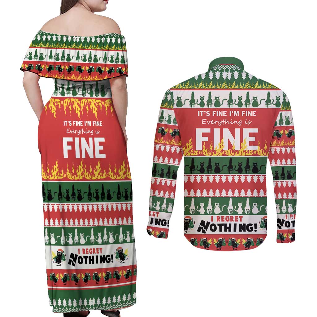 Merry Cat-Mas Couples Matching Off Shoulder Maxi Dress and Long Sleeve Button Shirt Christmas It's Fine I'm Fine Everything is Fine LT9 - Wonder Print Shop
