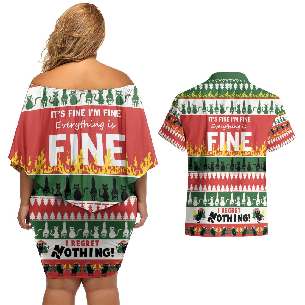 Merry Cat-Mas Couples Matching Off Shoulder Short Dress and Hawaiian Shirt Christmas It's Fine I'm Fine Everything is Fine LT9 - Wonder Print Shop