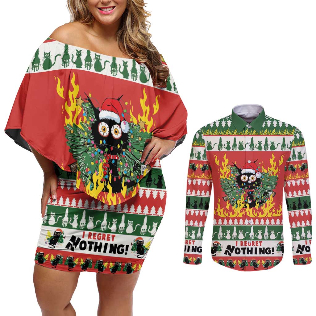 Merry Cat-Mas Couples Matching Off Shoulder Short Dress and Long Sleeve Button Shirt Christmas It's Fine I'm Fine Everything is Fine LT9 - Wonder Print Shop