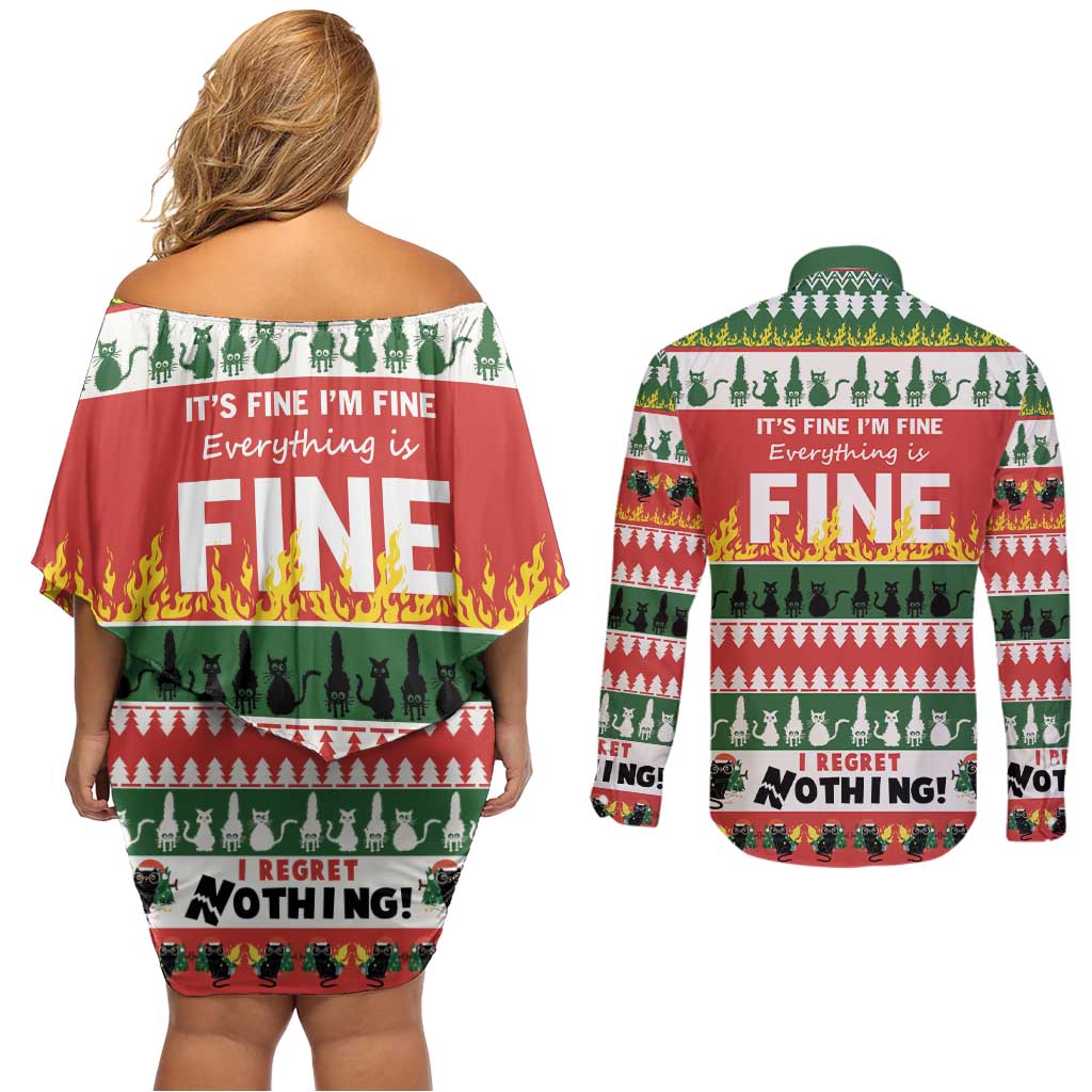 Merry Cat-Mas Couples Matching Off Shoulder Short Dress and Long Sleeve Button Shirt Christmas It's Fine I'm Fine Everything is Fine LT9 - Wonder Print Shop