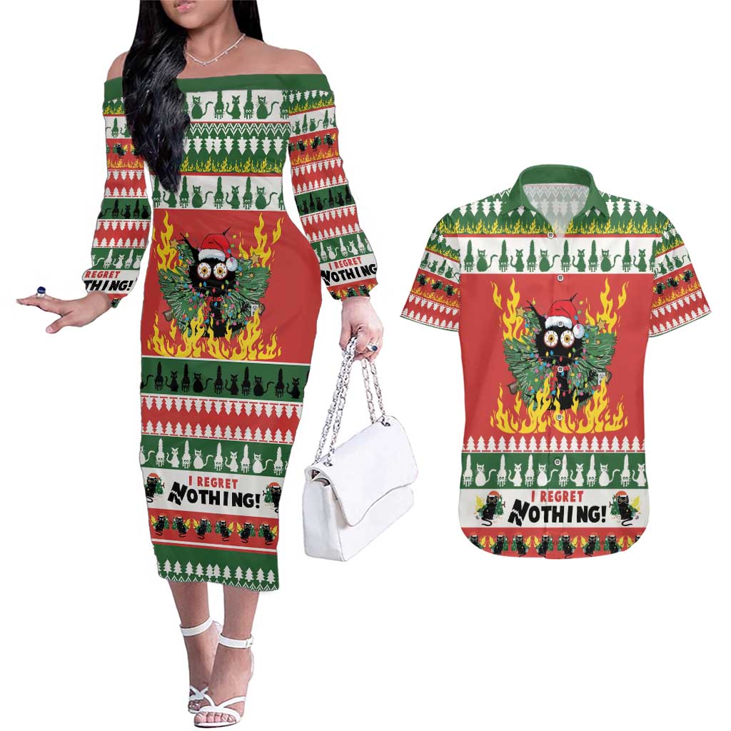 Merry Cat-Mas Couples Matching Off The Shoulder Long Sleeve Dress and Hawaiian Shirt Christmas It's Fine I'm Fine Everything is Fine LT9 - Wonder Print Shop