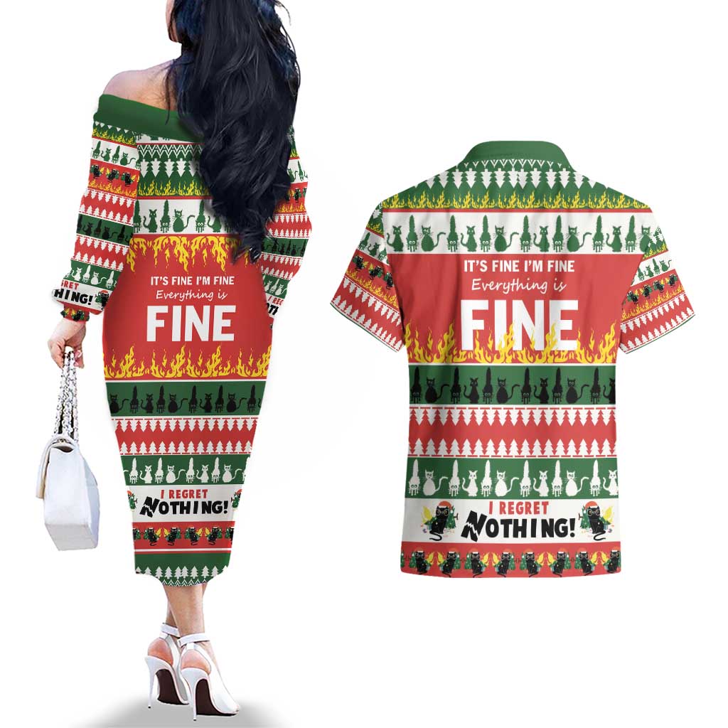 Merry Cat-Mas Couples Matching Off The Shoulder Long Sleeve Dress and Hawaiian Shirt Christmas It's Fine I'm Fine Everything is Fine LT9 - Wonder Print Shop