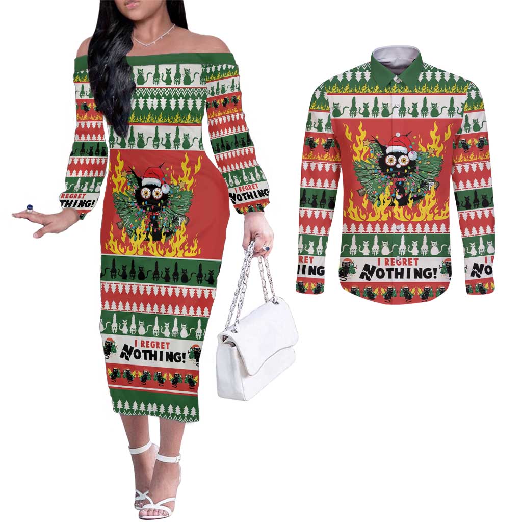 Merry Cat-Mas Couples Matching Off The Shoulder Long Sleeve Dress and Long Sleeve Button Shirt Christmas It's Fine I'm Fine Everything is Fine