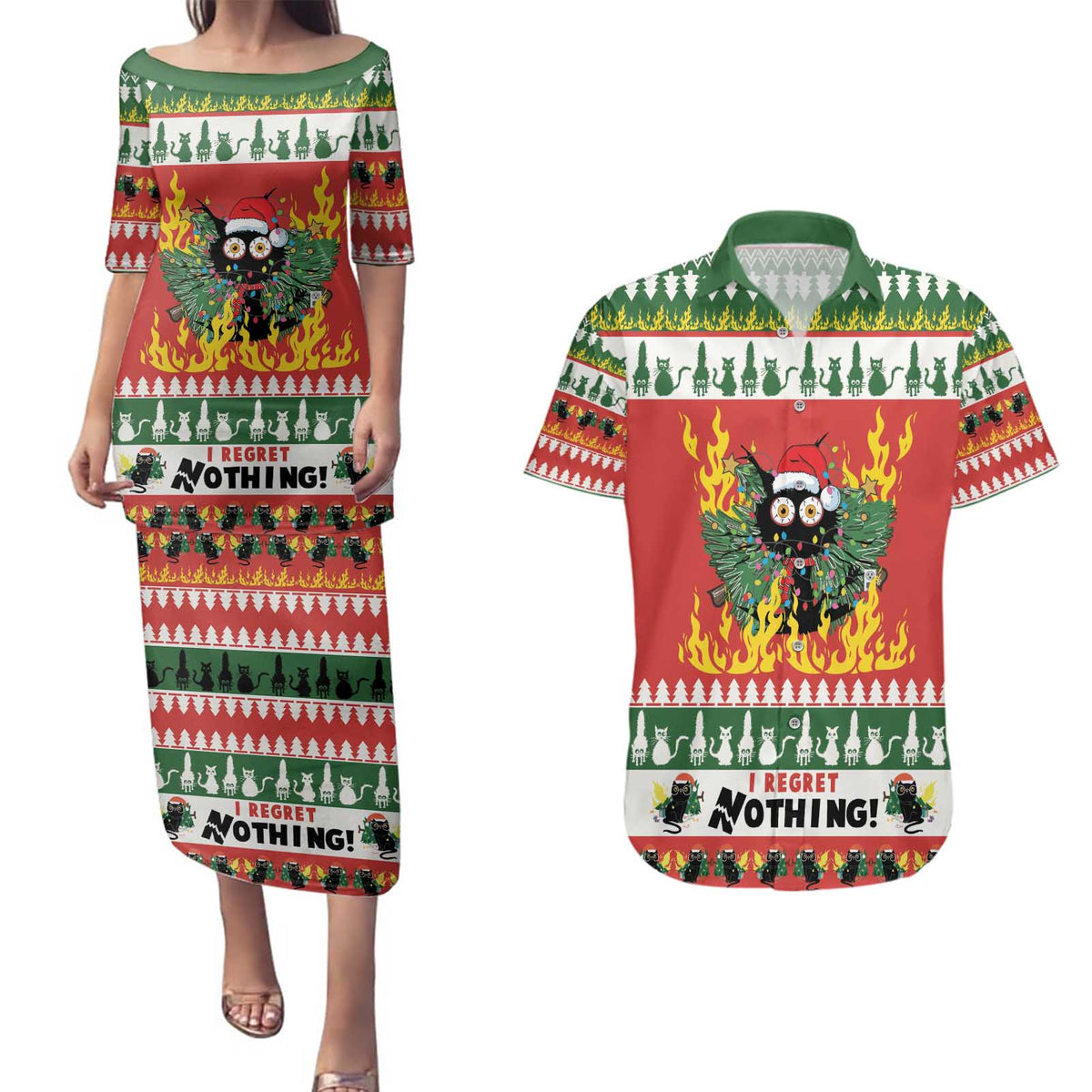 Merry Cat-Mas Couples Matching Puletasi and Hawaiian Shirt Christmas It's Fine I'm Fine Everything is Fine LT9 - Wonder Print Shop