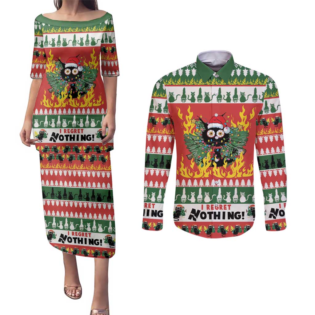 Merry Cat-Mas Couples Matching Puletasi and Long Sleeve Button Shirt Christmas It's Fine I'm Fine Everything is Fine LT9 - Wonder Print Shop