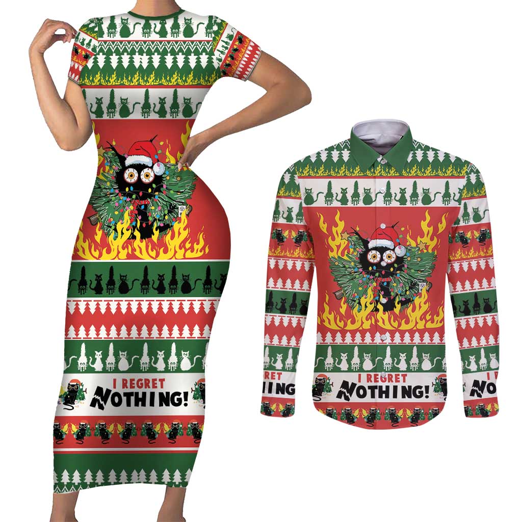 Merry Cat-Mas Couples Matching Short Sleeve Bodycon Dress and Long Sleeve Button Shirt Christmas It's Fine I'm Fine Everything is Fine LT9 - Wonder Print Shop