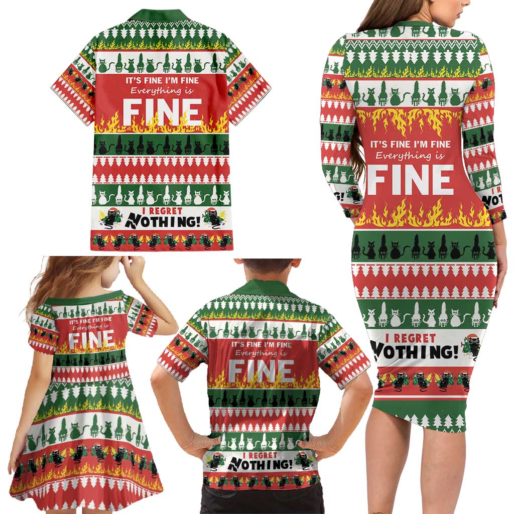 Merry Cat-Mas Family Matching Long Sleeve Bodycon Dress and Hawaiian Shirt Christmas It's Fine I'm Fine Everything is Fine LT9 - Wonder Print Shop