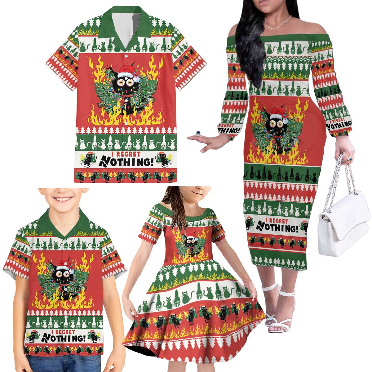 Merry Cat-Mas Family Matching Off The Shoulder Long Sleeve Dress and Hawaiian Shirt Christmas It's Fine I'm Fine Everything is Fine - Wonder Print Shop