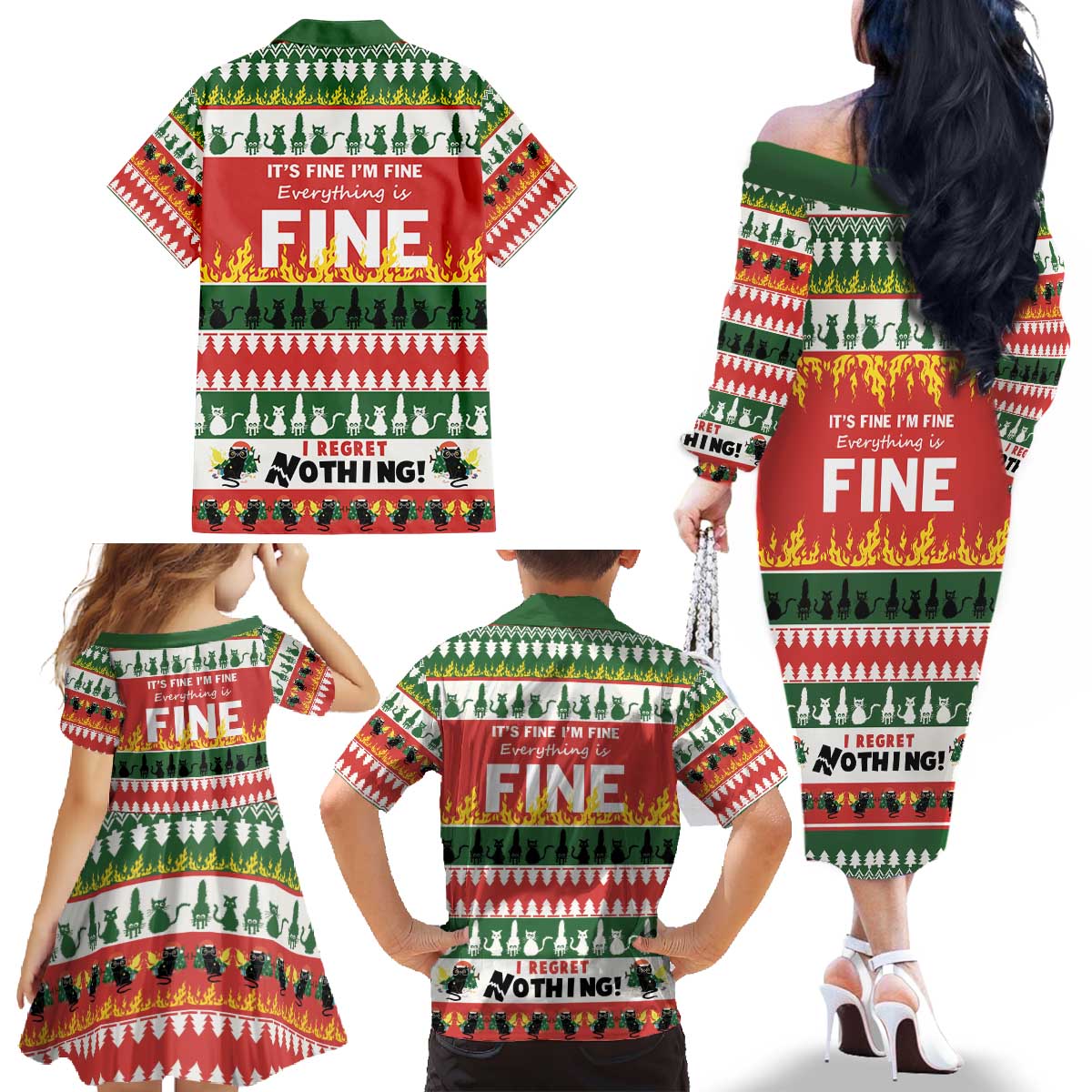 Merry Cat-Mas Family Matching Off The Shoulder Long Sleeve Dress and Hawaiian Shirt Christmas It's Fine I'm Fine Everything is Fine - Wonder Print Shop