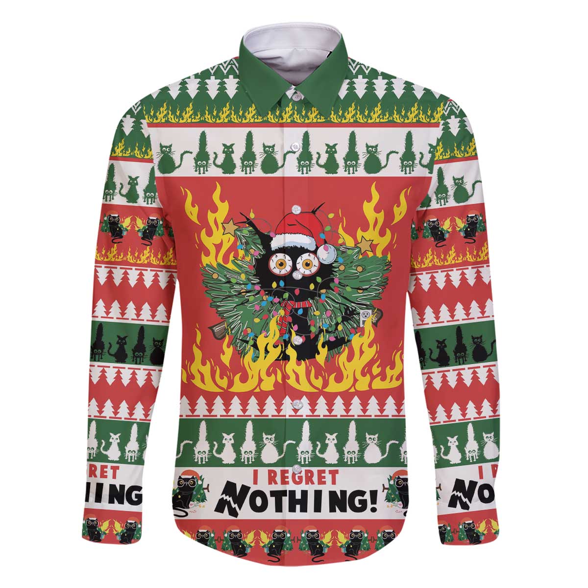 Merry Cat-Mas Family Matching Off The Shoulder Long Sleeve Dress and Hawaiian Shirt Christmas It's Fine I'm Fine Everything is Fine - Wonder Print Shop