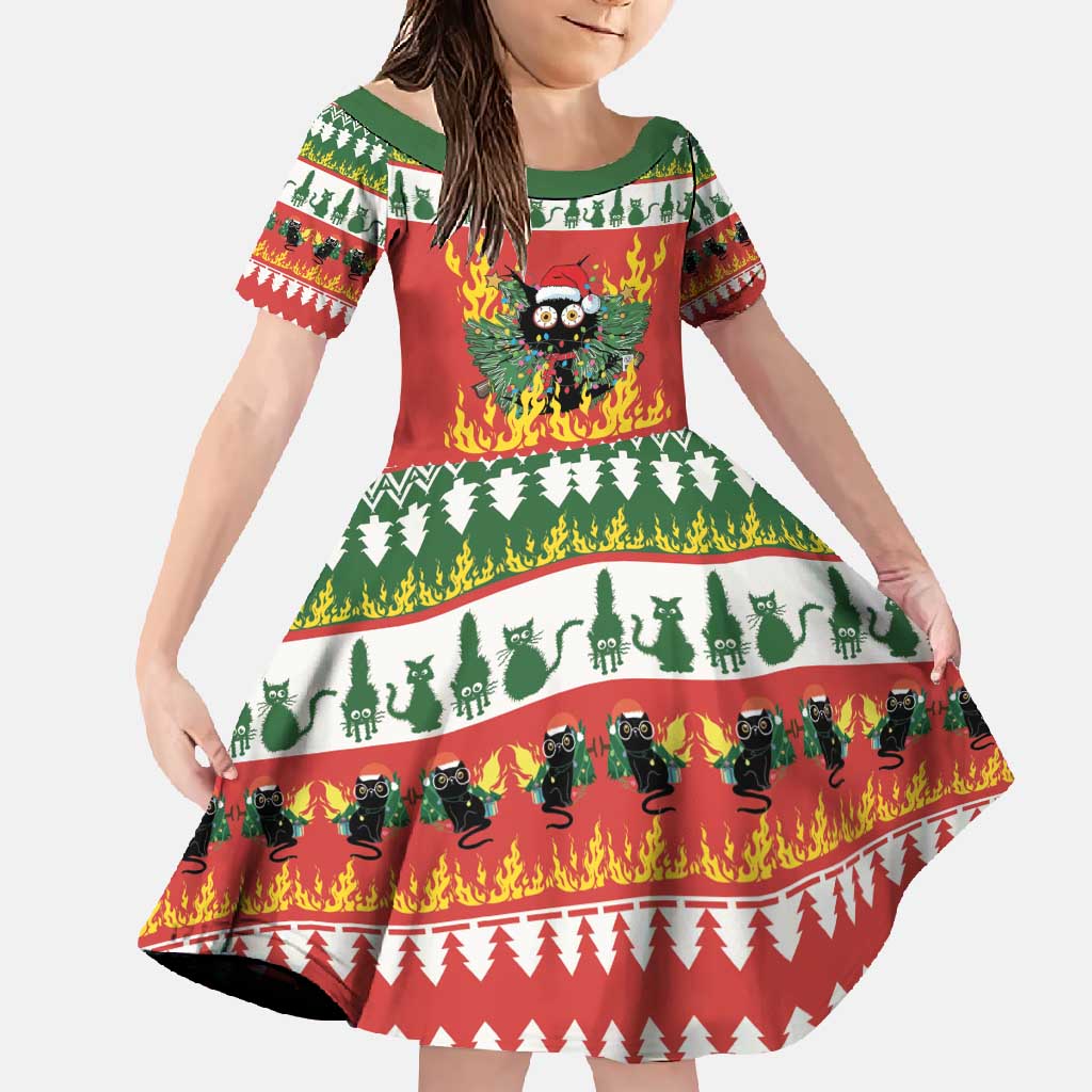 Merry Cat-Mas Family Matching Short Sleeve Bodycon Dress and Hawaiian Shirt Christmas It's Fine I'm Fine Everything is Fine - Wonder Print Shop