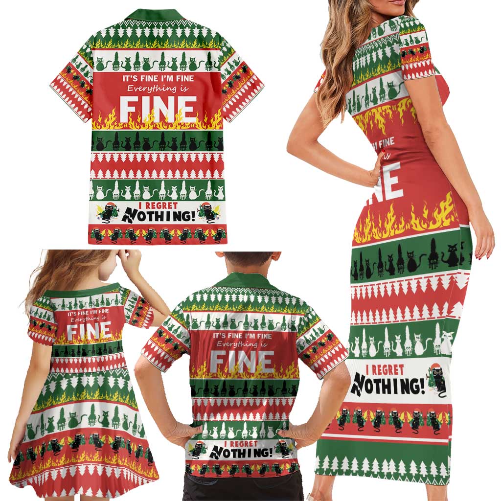 Merry Cat-Mas Family Matching Short Sleeve Bodycon Dress and Hawaiian Shirt Christmas It's Fine I'm Fine Everything is Fine - Wonder Print Shop