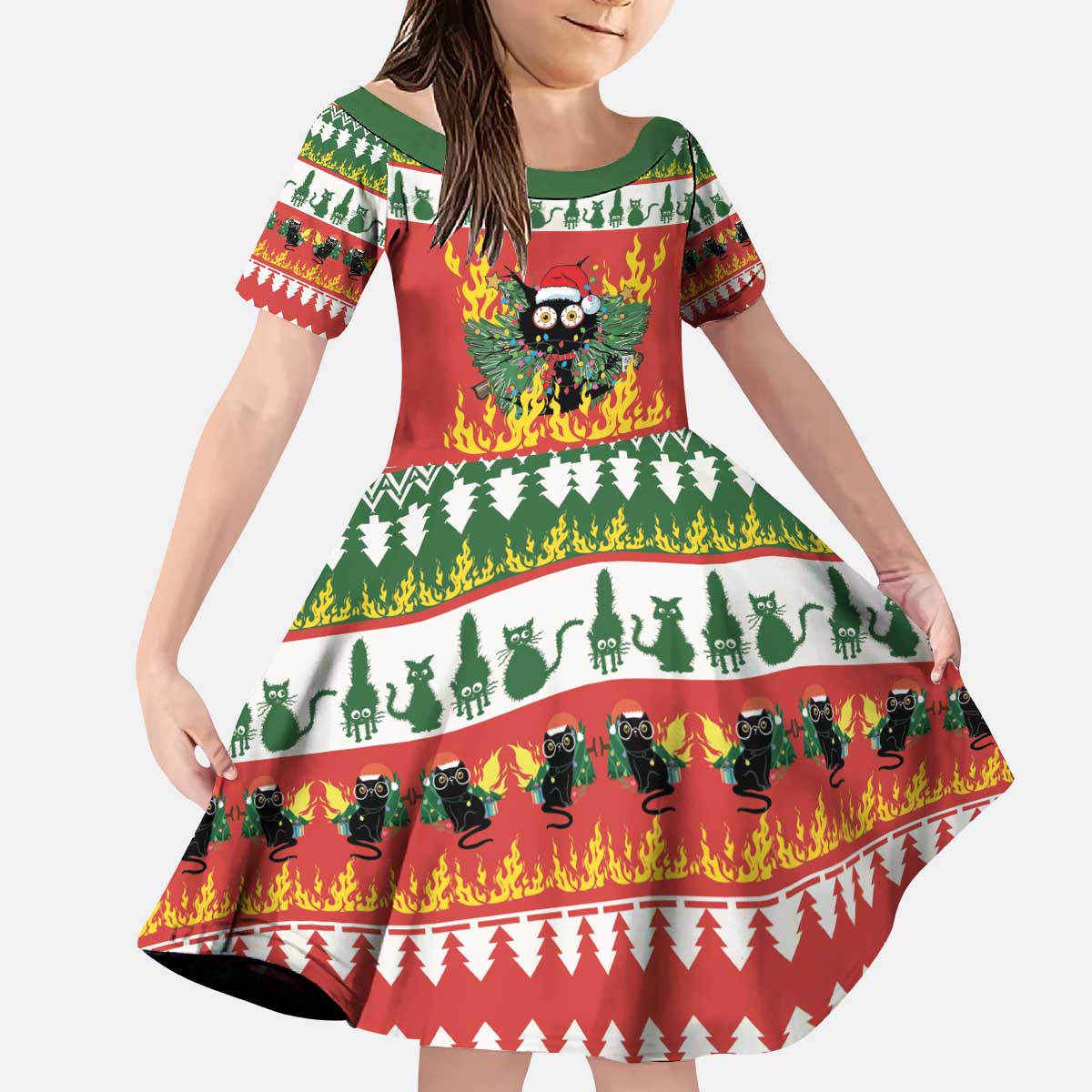 Merry Cat-Mas Kid Short Sleeve Dress Christmas It's Fine I'm Fine Everything is Fine - Wonder Print Shop