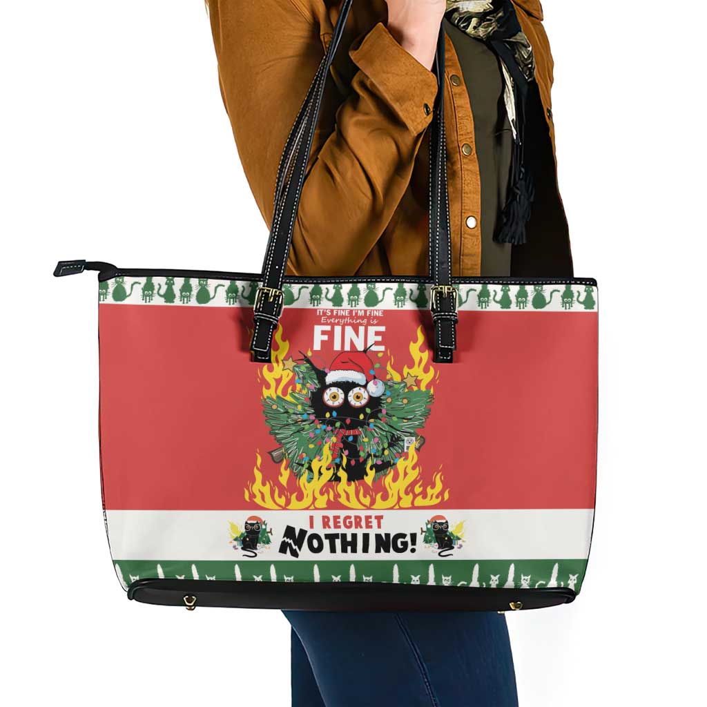 Merry Cat-Mas Leather Tote Bag Christmas It's Fine I'm Fine Everything is Fine - Wonder Print Shop