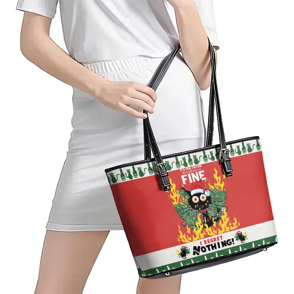 Merry Cat-Mas Leather Tote Bag Christmas It's Fine I'm Fine Everything is Fine - Wonder Print Shop