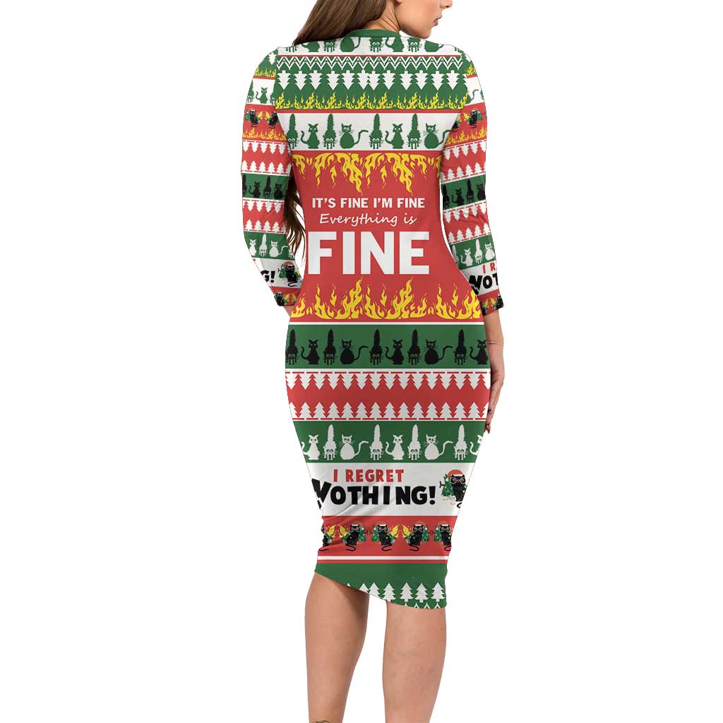 Merry Cat-Mas Long Sleeve Bodycon Dress Christmas It's Fine I'm Fine Everything is Fine - Wonder Print Shop