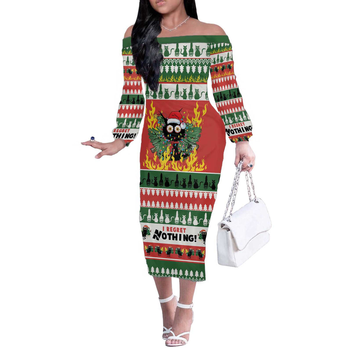 Merry Cat-Mas Off The Shoulder Long Sleeve Dress Christmas It's Fine I'm Fine Everything is Fine - Wonder Print Shop